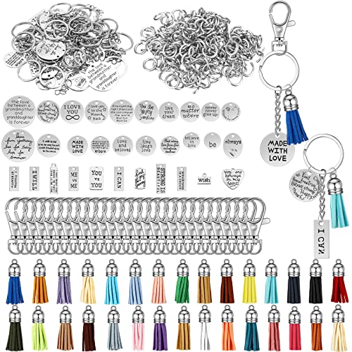 280 Pcs Motivational Keychain Tassels Set with 30 Engraved Inspirational Words Charms, 30 Keychain Clips, 30 Faux Leather Keychain Tassels, 30 Key Chain Rings, 160 Open Jump Rings for DIY Crafting