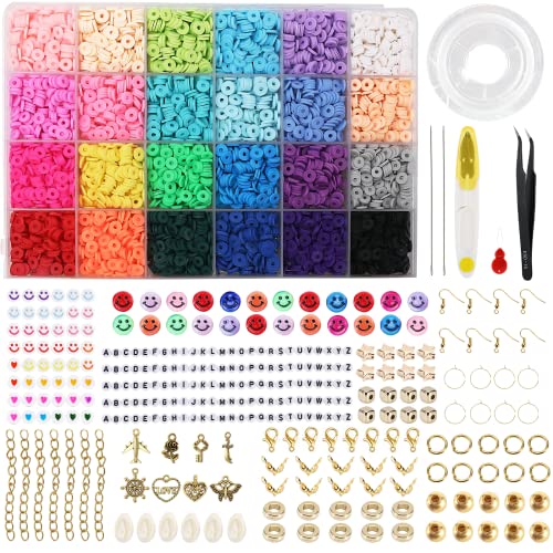 6100+ PCS Clay Beads Bracelet Making Kits, LauCentral 24 Colors 6mm Flat Round Polymer Heishi Beads Supplies for Jewelry Necklace Earrings DIY Arts Crafts Accessories Gifts Age 4 5 6 7 8 9 10 11 12