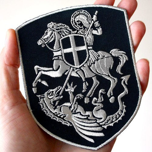 VEGASBEE St. George Saint Patch Mounted Slaying Dragon Saint George Cross Shield Christian Embroidered Iron-On Patch Emblem Silver Metallic Medium Size 4.5" by 3.5" inches USA