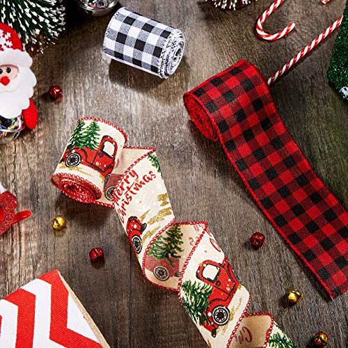 Boao 6 Rolls Christmas Wired Ribbons 2.5 Inch x 24 Yards Buffalo Red White Black Plaid Ribbons Vintage Truck Trees Glittered Snowflake Wired Edge Ribbon for Christmas DIY Wrapping Wedding Floral Craft