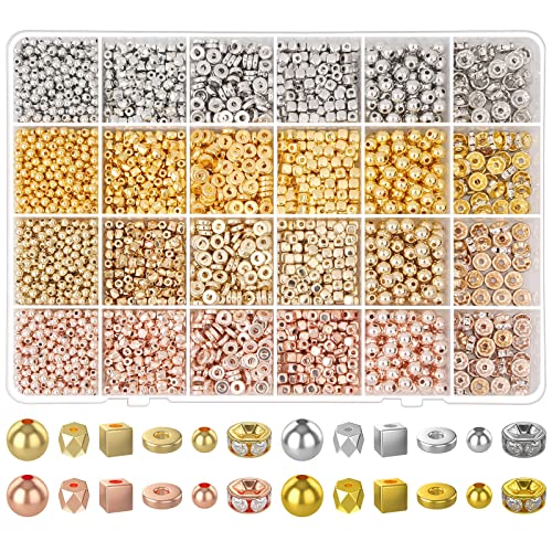 3820 Pieces Gold Beads for Jewelry Making, Assorted Bracelet Beads Rhinestone Spacer Beads Flat Beads Small Gold Beads for Bracelet Jewelry Making(Sliver, Gold, KC Gold, Rose Gold)