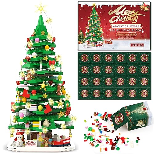 Advent Calendar 2023 Christmas Tree Building Toy Set with LED light, 1066 Pieces Christmas Countdown Calendar, 24 Days Building Block for Kids Adult Creative Gifts for Adults Teens Girls Ages 8+