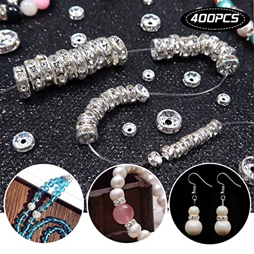 TOAOB 400pcs Round Rondelle Spacer Beads Silver Czech Crystal Rhinestone Loose Bead 4mm 6mm 8mm 10mm Charm Beads Assortments for Jewelry Making Bracelet Necklace