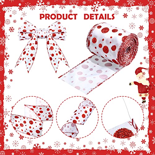 Dilunave 2 Rolls 2.5 Inch x 6 Yards Red and White Ribbon Christmas Wired Edge Ribbon DIY Craft Ribbon for Christmas Tree Decorations Wreath Bows Wrapping Supplies (Polka Dots)
