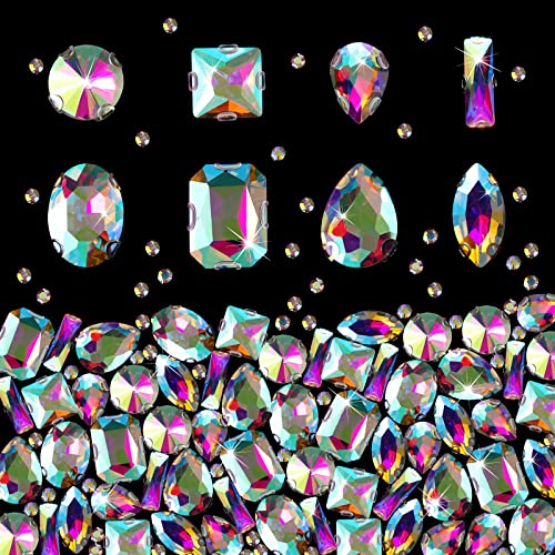 240 Pieces Large Sew on Rhinestones Clear Sew on Glass Crystal Gems Diamond Stone Metal Back Prong Setting Crafts Mix Shapes Claw Rhinestones for Jewelry, Clothes, Shoes, Costume (Clear AB Color)