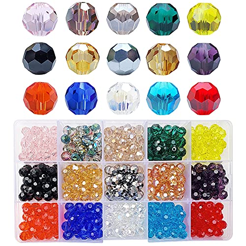 Chengmu 8mm Round Glass Beads for Jewelry Making Faceted Shape 450pcs Like Rainbow Crystal Spacer Beads Assortments Supplies Accessories for Bracelet Necklace with Elastic Cord Storage Box