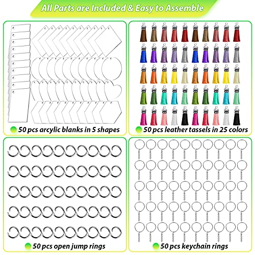 200Pcs Blank Keychains for Vinyl, Acrylic Keychain Blanks Bulk with 5 Shapes Clear Acrylic Disc Leather Tassel Charms Key Chains Jump Ring for DIY Craft Ornament Engrave Painting