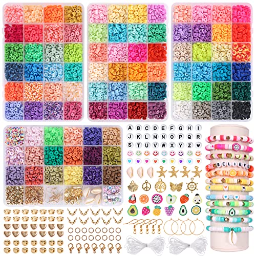 QUEFE 9000pcs, 90 Colors, Clay Beads for Bracelet Making Spacer Heishi Beads Flat Round Polymer Clay Beads for Jewelry Making Kit with Smiley Fruit Flower Beads Pendant Charms Kit and Elastic Strings