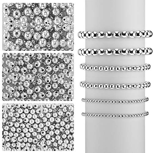 1200 Pieces Round Beaded Spacer Beads Seamless Smooth Loose Ball Beads for Stackable Bracelet Jewelry Craft Making, 8 mm, 6 mm, 4 mm (Silver)