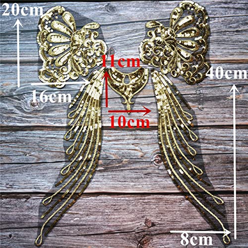 Gauze Sequins Gold Thread Feather Phoenix Tail Patches Sewing Fabric Collar Applique Brooch Embroidery Lace Patch DIY Wedding Gown Cheongsam Bridal Dress Crafts 1 Set/5pcs (Black)
