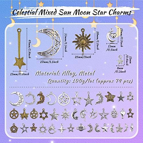 JIALEEY Celestial Mixed Sun Moon Star Charms, Wholesale Bulk Lots Antique Alloy Charms Pendants DIY for Necklace Bracelet Jewelry Making and Crafting, 100g(74PCS)