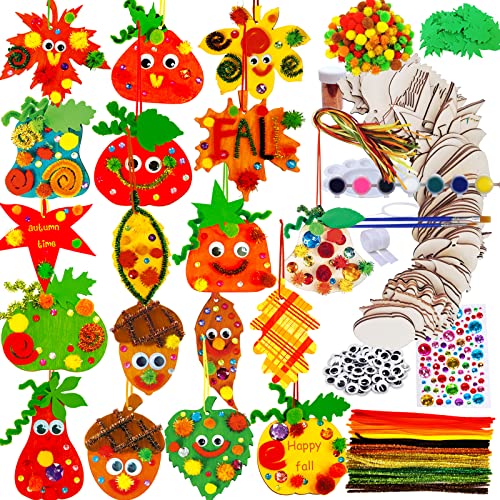 Winlyn 72 Sets Hanging Maple Leaf Pumpkins Acorn Wooden Ornaments Decorations Fall Craft Kits Paintable Unfinished Wood Pom-Poms Googly Eyes for Kids Thanksgiving Party Classroom Activity Art Project
