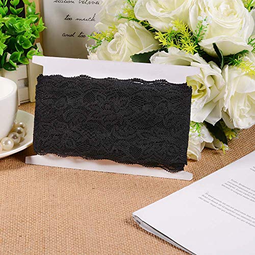 VU100 Black lace Pattern Elastic Embroidery Stitching Process for DIY Bridal Wedding Fabric Decoration Halloween Christmas Gift Wrapping (3 Inches, 6 Yards)
