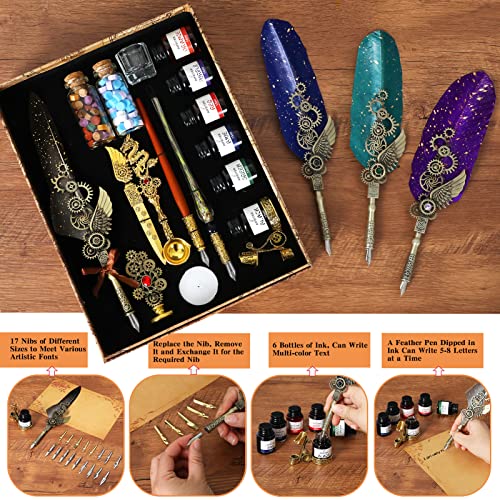 Aifeiter Feather Pen Ink Set, Includes 6 Bottles of Ink,Quill Pen,Glass Dipping Pen,Wooden Dipping Pen,8 Sheets of Writing Paper,Envelope,Wax Granules,Round Wax,Seal,Spoon,Pen Holder(Grey)