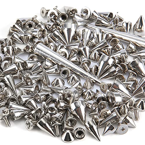YORANYO 135 Sets Mixed Shape Spikes and Studs Assorted Sizes Spike Studs for Clothing Silver Color Screw Back Bullet Cone Studs and Spikes Rivet for Leather Craft Clothing Shoes Belts Bags Dog Collars