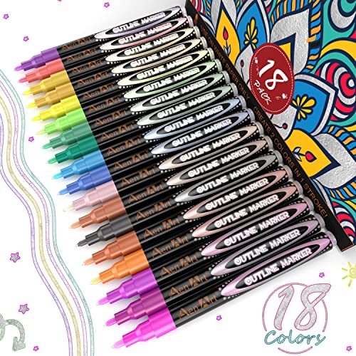 Aen Art Squiggles Outline Pens, 18 Color Self-outline Shimmer Markers Set, Doodle Markers Double Line Pen for Drawing, Greeting Card, Craft Project
