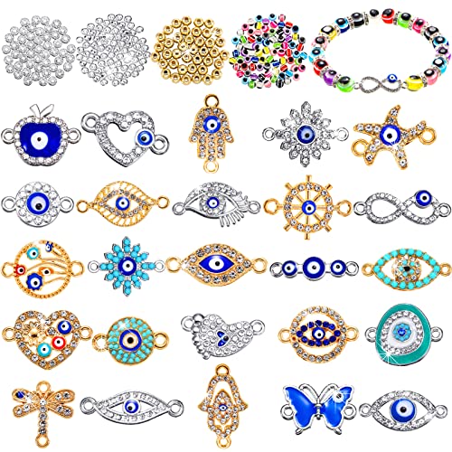 235 Pcs Evil Eye Charms Kits Includes 80 Evil Eye Beads 25 Alloy Enamel Eye Charms 80 Jewelry Making Beads 50 Crystal Spacer Bead Charms for Jewelry Making DIY Bracelet Necklace Craft (Silver, Gold)
