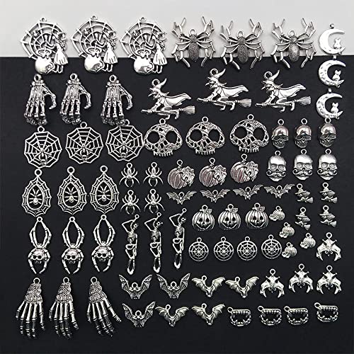 80pcs Antique Silver Halloween Charms for Jewelry Making Pumpkin Ghost Wizard Hat Bat Skull Skeleton Halloween Charms for DIY Necklace Bracelet Earring Jewelry Making (M722)