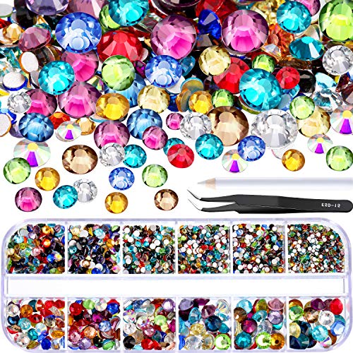 TecUnite 2000 Pieces Flat Back Gems Round Crystal Rhinestones 6 Sizes (1.5-6 mm) with Pick Up Tweezer and Rhinestones Picking Pen for Crafts Nail Face Art Clothes Shoes Bags DIY (Multicolors)
