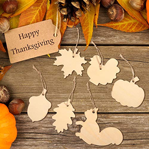 60 Pieces Thanksgiving Unfinished Wooden Ornaments Maple Leaves Pumpkin Wood Cutout Squirrel Acorn Blank Wooden Ornament for Thanksgiving Fall Party DIY Decor Supplies, 6 Styles