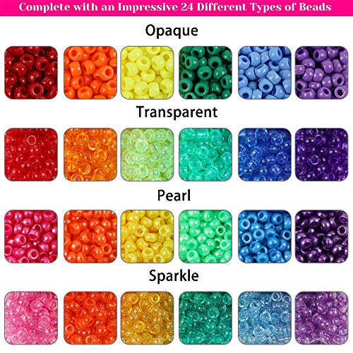 Quefe 2880pcs Pony Beads Kit Rainbow Beads Plastic Bead for Craft 6 x 9mm 24 Colors 4 Styles Large Hole Beads Set for Bracelets Jewelry Making