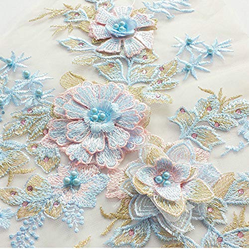 Embroidered Pearl Hot-Drilled Three-Dimensional Flower Lace Applique 3D Series Wedding Dress/Dress/Performance Stage Dress/Costume Accessories (Sky Blue)