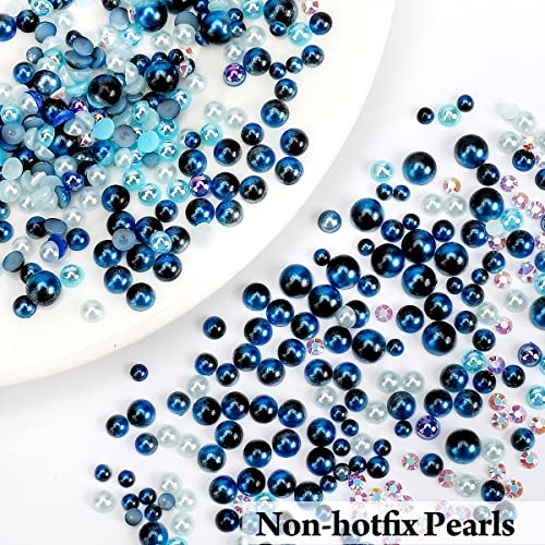 Blue Rhinestones 7700 Pieces Half Pearls for Crafts Non-Hotfix Flatback Pearls Beads Resin Rhinestone Set with Wax Pencil for DIY Nail Face Art, Mixed Sizes 3/4/5/6mm