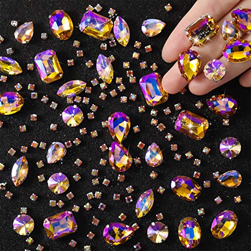 WILLBOND 156 Pieces Sew on Rhinestones Claw Flatback Crystal Rhinestones Metal Prong Setting Rhinestones Acrylic Glass Sewing Gems for Clothes DIY Craft Shoes Dress Jewelry Making (Golden AB)