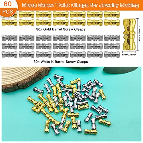 60Pcs Brass Screw Twist Clasps for Jewelry Making,Barrel Screw Clasps Jewelry End Tip Caps Tube Fastener Cord End Caps for DIY Bead Necklace Bracelet Earring Jewelry Making,Gold,White K