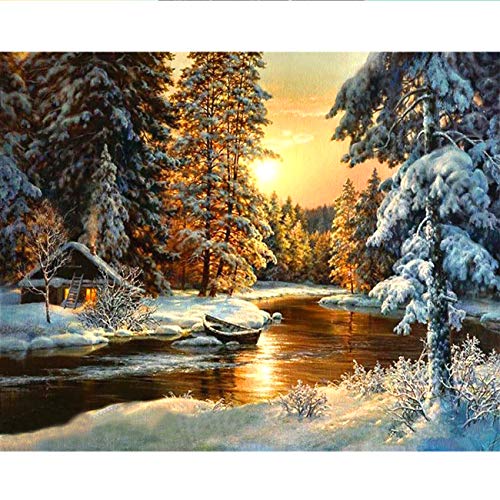 5D Diamond Painting Sunset Forest Cottage in Winter Full Drill by Number, SKRYUIE DIY Rhinestone Pasted Paint with Diamond Set Arts Craft Decorations (10x14inch)