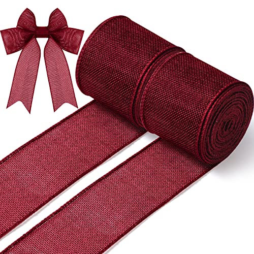 2 Rolls Burgundy Burlap Ribbon Wine Red Wired Edge Ribbon Burgundy Wired Ribbon for Wreaths Solid Maroon Ribbon Fabric Ribbon for Wrapping Bow Wreath Craft Home Wedding Decoration, 10 Yards (2.5 Inch)