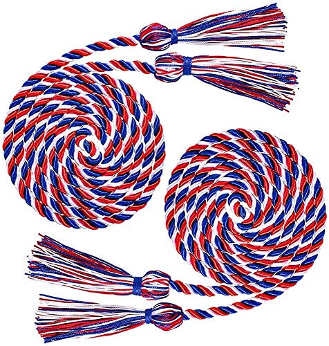 LDF Graduation Honor Cords - 2 Pieces 3-Colored Braided Honor Cords Double Graduation Cords Honors Graduation Decoration with Tassels for Graduation Students (Royal Blue & Red & White)