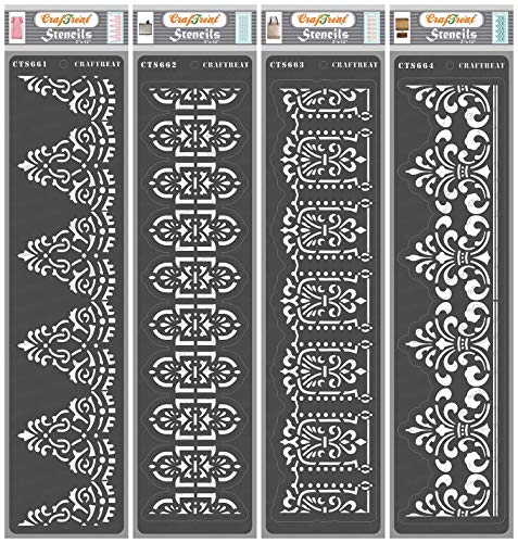 CrafTreat Border Stencils for Painting on Wood - Border 18, 19, 20 and 21 - 3X12 Inches - 4 Pcs - Wall Border Stencils for Painting Walls - Decorative Border Stencils for Scrapbooking