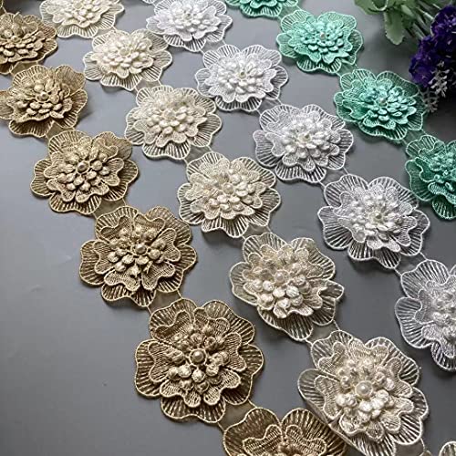 KARMELLING 10PC Gold 3Inch Pearl Chiffon Beaded Polyester Flower Embroidered Lace Edge Trim Ribbon for Sewing DIY Craft Decorative