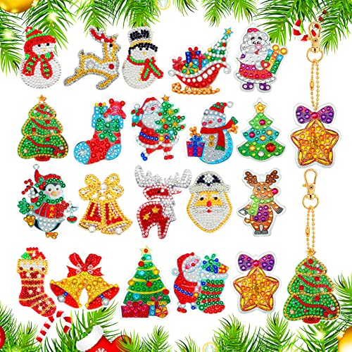 20 Pieces Christmas Diamond Painting Ornaments Double Sided Diamond Art Christmas Ornaments 5D Mini Diamond Painting Kits DIY Key Ring Pendant Christmas for Holiday Decor