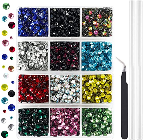 OUTUXED 5400pcs Multicolor Rhinestones 12 Mixed Color Hotfix Rhinestones Flatback Gemstones and Crystals for Crafts, Clothes with Tweezers and 2 Picking Pens