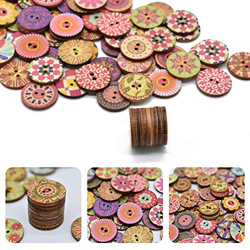 Renashed 200 Pcs Vintage Round Wooden Buttons with 2 Holes for DIY Sewing Crafts Scrapbooking Random Color (Vintage 20mm)