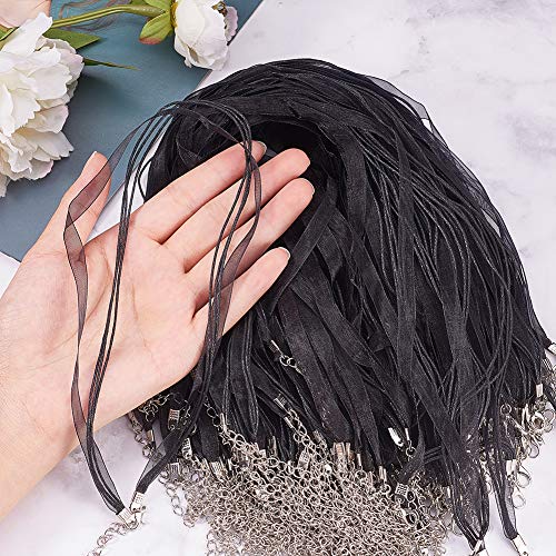 arricraft 100PCS 17.7" Multi-Strand Ribbon Necklace Cord with 3 Loops Waxed Cord Organza Ribbon Alloy Lobster Claw Clasps Chains for Necklace Making-Black