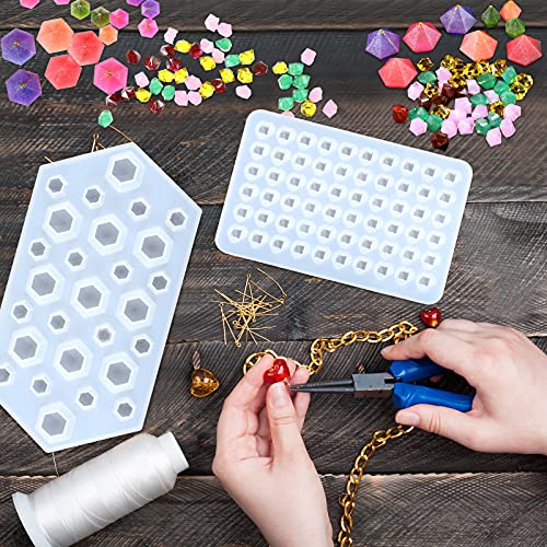 2 Pieces 3D Diamond Gem Silicone Molds 60 and 27 Cavities Resin Gem Molds Mini Gem Casting Molds with 100 Pieces Screw Eye Pins for Epoxy DIY Crafts Jewelry Pendant Making
