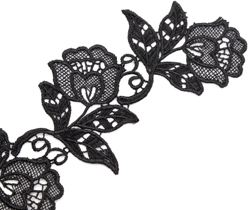Floral Motifs Boho Black Lace Applique Trim Flower Embroidery Applique Sewing Craft,2 Yards