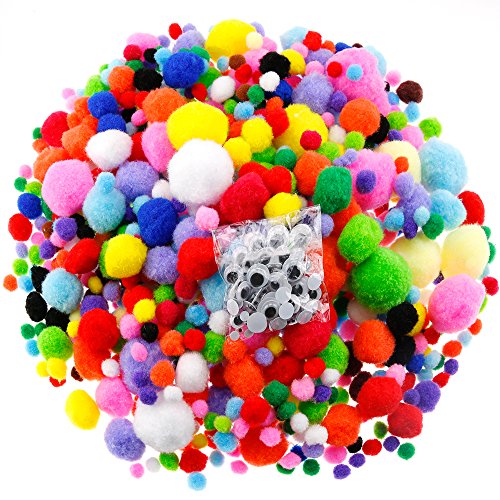Caydo 1400PCS 5 Sizes Multicolor Pom Poms Assorted Pompoms Balls with 4 Sizes Wiggle Eyes for Kids Creative DIY, Crafts Projects Making and Valentine's Day Decorations