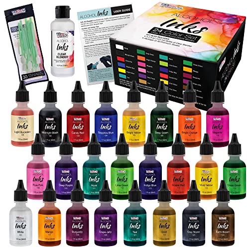 U.S. Art Supply 24 Color Alcohol Ink Set - Huge 30ml Triple Sized 1-oz Bottles - Includes 4-oz Blender & 30 Swabs - Vibrant Highly Concentrated Pigment Dye Paint for Epoxy Resin Art Painting & Crafts