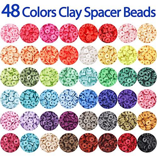 Quefe 6300pcs Clay Heishi Beads with 130pcs Letter Beads, Polymer Flat Round Disc Beads Kit with Elastic String, Pendant, and Jump Rings, for DIY Jewelry Marking Bracelets Necklace, 48 Colors 6mm