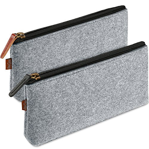 ProCase Pencil Bag Pen Case, Felt Students Stationery Pouch Zipper Bag for Pens, Pencils, Highlighters, Gel Pen, Markers, Eraser and Other School Supplies -2 Pack, Small, Grey