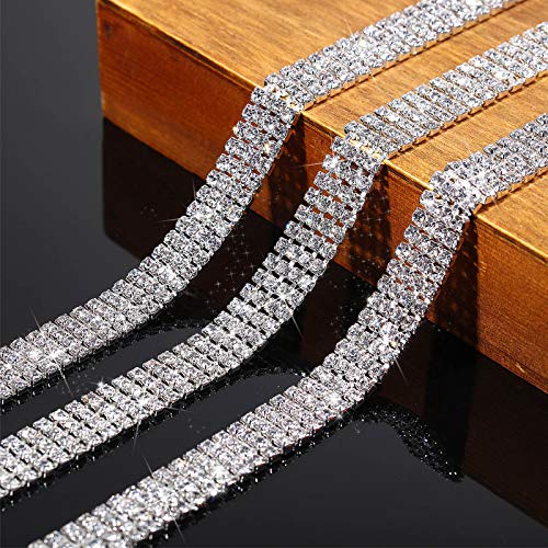 4 Rows Crystal Rhinestone Close Chain with 3 mm Rhinestones Trim Sewing Crafts DIY Jewelry Crystal Chain for Wedding Home Party Crafts Making Decorations (White,3 Yards)