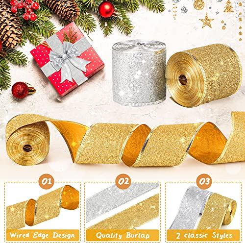 2 Rolls 20 Yards Christmas Wired Edge Ribbon 1.5 Inch Glitter Wrapping Ribbons Craft Ribbon Decorative Ribbons for Christmas Tree Home Decor Bows Crafting (Silver, Gold)