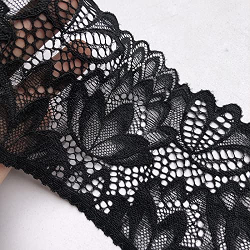 Olive Lace 4 Inches Wide Stretchy Lace for Bridal Wedding Decorations , Sewing DIY Making and DIY Crafts- 5 Yards (7604 Black)