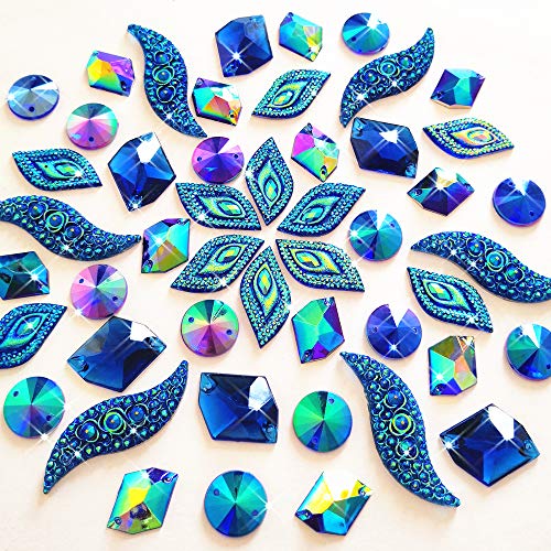 50PCS Special Effect Different Shapes Mirror AB Gems Sew On Rhinestones Faceted for Handicrafts Clothing Dress Decorations (Blue)