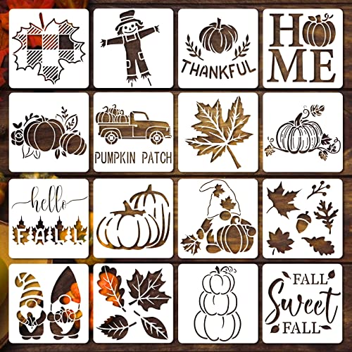 16Pcs Fall Stencils for Painting on Wood, 5x5 Inch Reusable Fall Stencils for Thanksgiving Card DIY Crafts Home Decor
