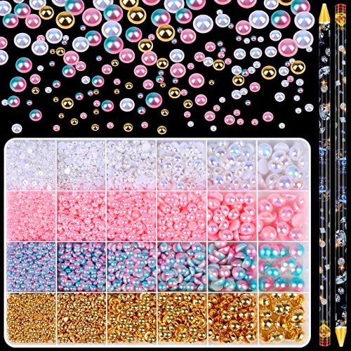 8420 PCS 4 Colors ABS Half Pearls for Crafts, 3/4/5/6/8/10 mm Flat Back Pearl Half Round Pearls Beads with Self Adhesive Resin Picker Pencil for DIY Phone Nail Shoe(White, Pink, Peach Blue, Gold)